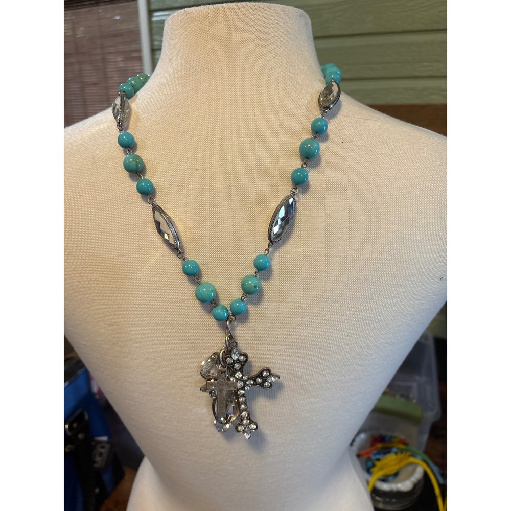 Turquoise Silver‎ Multi Cross Charm Dangle Faceted Beads Necklace Boho Faith